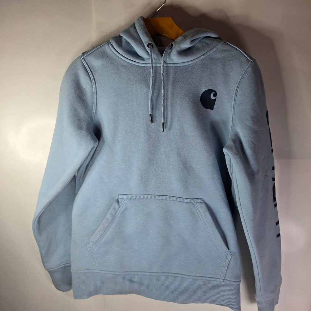 Carhartt Hoodie Womens XS Light Blue Sleeve Graphic Logo Midweight Sweatshirt